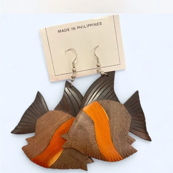 Handcrafted Wooden Fish Earrings - Brown and Orange - Picture 1 of 2